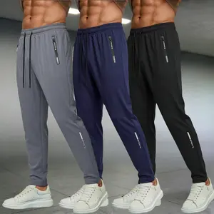 Men’s lightweight casual pants — Black/Blue/Gray multi-pack; drawstring elastic waist fitness pants; essential breathable men’s long pants, Polyester, Tank Top, Navy, Activewear