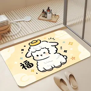 Get rich soon Cute Kawaii Fortune Sheep Chinese Zodiac Print Diatomaceous Earth Bath Mat, 16*24 Inch |   Ultra Fast Absorbent Quick Dry Non Slip Anti-Mold Soft Diatomite Shower Floor Mat Easy Clean Stylish Lucky Animal Bathroom Decor for Home & Apartment