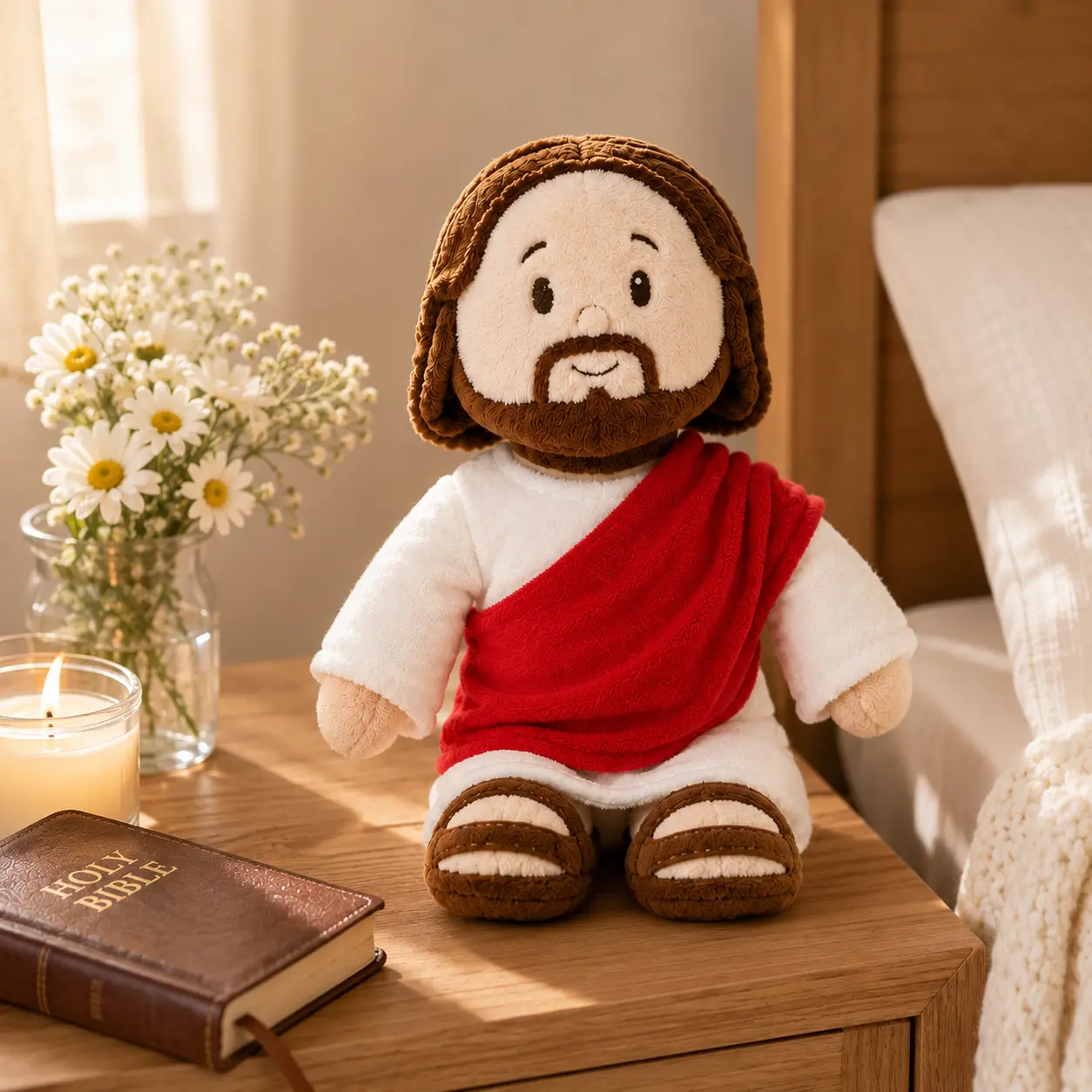 13-Inch Jesus Plush Toy - Ultra-Soft PP Cotton Religious Stuffed Ornament, Baptism Gift, Safe Faith Home Decor Fashion Accessory Novelty Cap