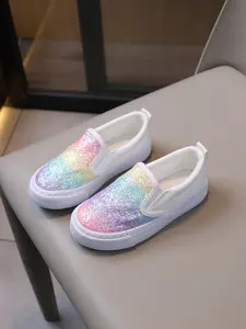 Sequined Canvas Slip-On Shoes, Girls' Soft Sole Anti-Slip Sports Shoes, Casual School Daily Wear Sneakers, Patchwork Pattern, Footwear