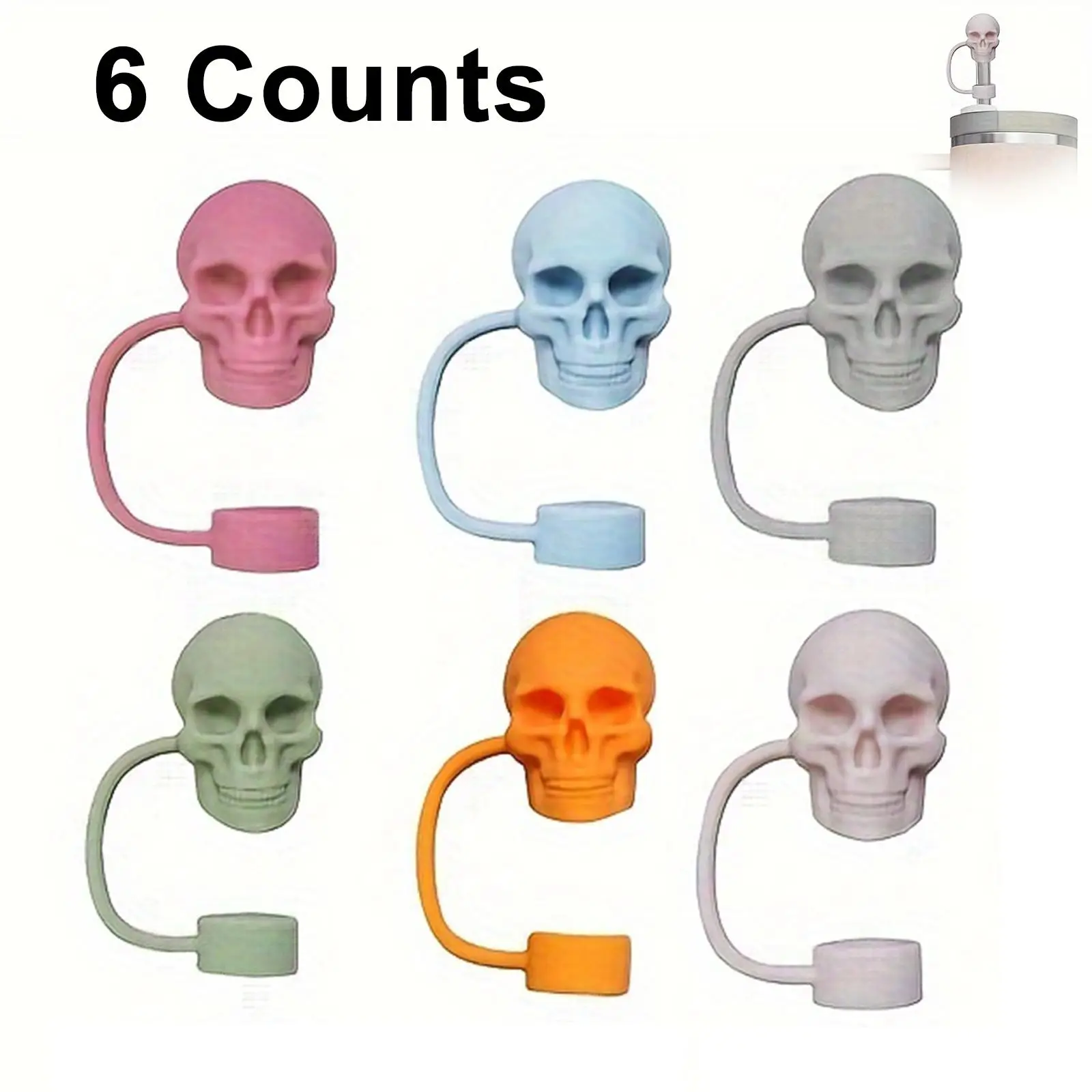 Cartoon Skull Design Straw Cap without Cup/straw, 6 Counts/set Silicone Straw Topper, Drinkware Accessories Dustproof Straw Cover for Home Kitchen Par