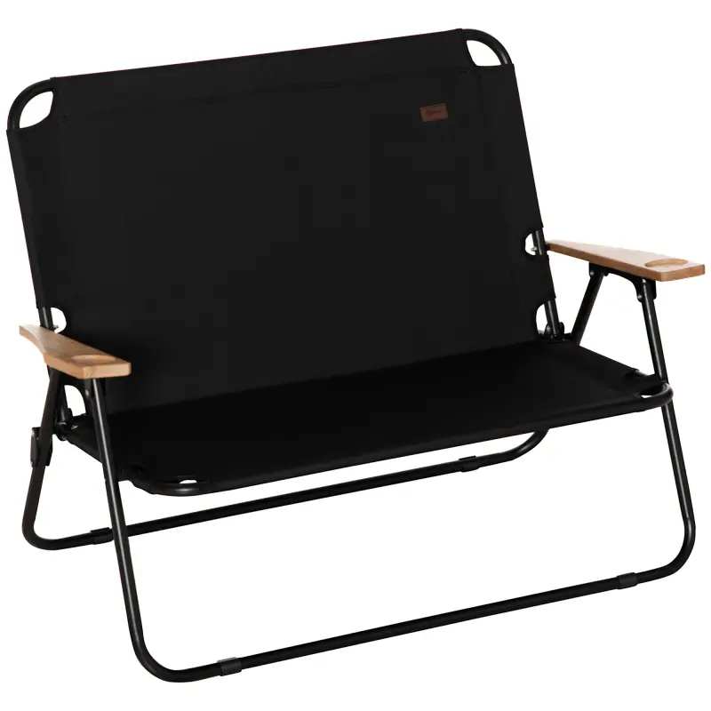 High end and high-quality  Double Folding Camping Chair, Loveseat for 2 Adults, Portable Camping Couch with Wood Armrest & Cupholders, for Backpacking, Beach, Sports Travel, Black