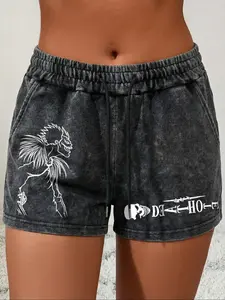 Women's Summer Casual Vintage Washed Short Pants with Death Note Print, Perfect for Travel Beach Vacation, Drawstring