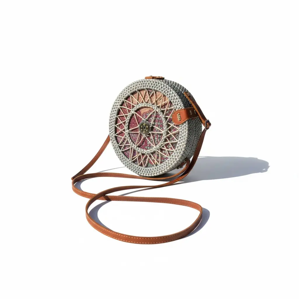 Handmade Round Rattan Bamboo Straw Mandala design Crossbody | With Adjustable Leather Strap |
