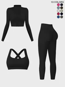Women's Solid Criss Cross Crop Tank Top & High Waist Tummy Control Butt-Lifting Leggings & Zip Up Crop Jacket Tracksuit Set, Yoga Clothes Set, Breathable Outfits for Yoga Gym Workout, Quick-Drying Three-Piece Set