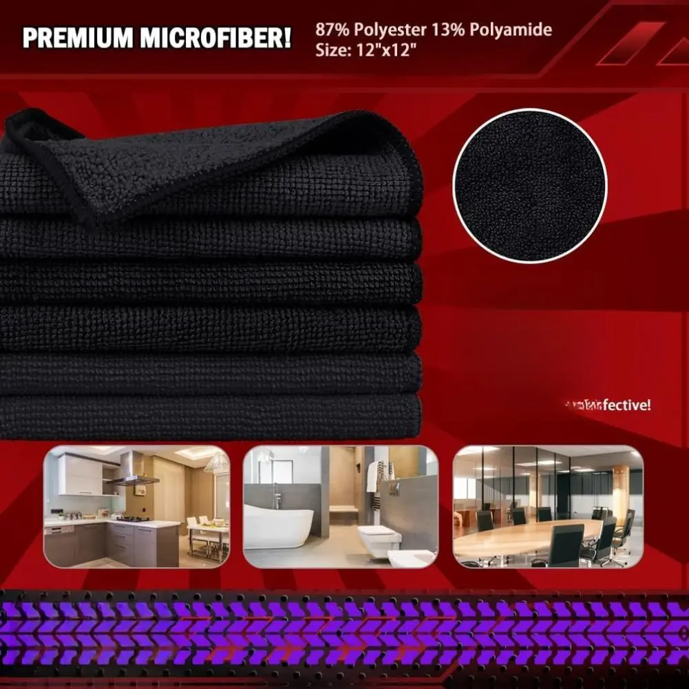 Microfiber Cleaning Cloth Black 10PK, Microfiber Towels for Cars, Premium Wash Cloths, Dusting Cloth Lint Free Cleaning Rags for SUVs, House, Kitchen, Window, Cleaning Supplies12×12"