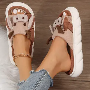 Comfy Women's Cartoon Cow Shape Home Slippers - Soft Linen Fabric with Thick Bottoms Footwear