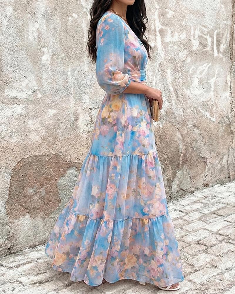ChicMe Women's Watercolor Floral V-Neck Shirred High Waist Maxi Dress Three Quarters Lantern Sleeve A-Line Ruffle Hem Chiffon Vacation Dress/Summer Dress