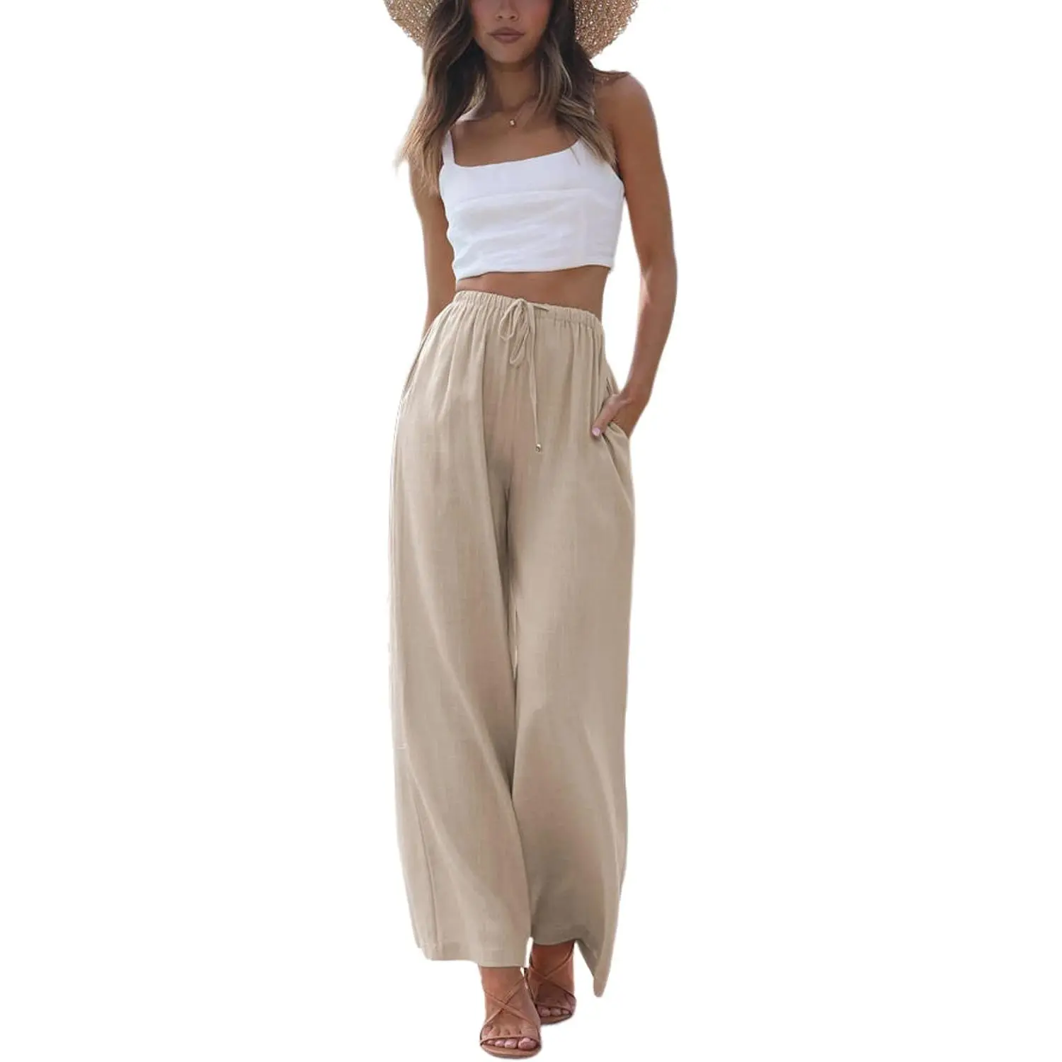 Women's Cotton-Linen Blend Drawstring Casual Trousers - Loose-Fitting, Flowy Wide-Leg, Minimalist Basic Apricot Multi Sizes Clothes for Summer, Beach Wear | Lady's Women's Fashion Bottoms