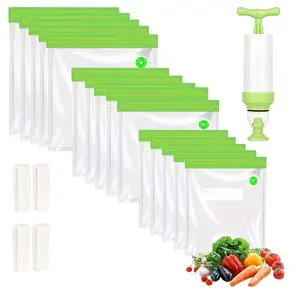 Reusable Vacuum Sealer Bag Set, 20pcs/set Including 15pcs Vacuum Sealer Bags & 4 Counts Clips & 1 Count Hand Pump, Food Storage Bag for Home Kitchen Picnic