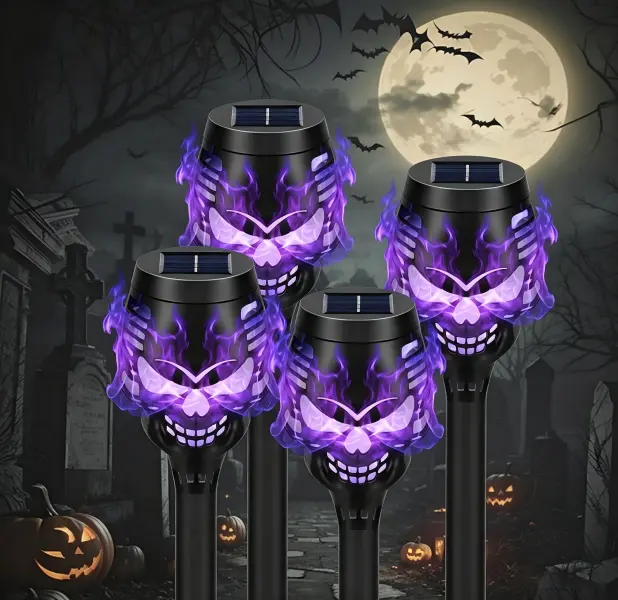 4-Pack Halloween Skull Stake Pathway Ornaments, Flickering Purple Flame Skeleton, Outdoor Decor for Lawn, Patio, Driveway & Halloween Party Scene Layout