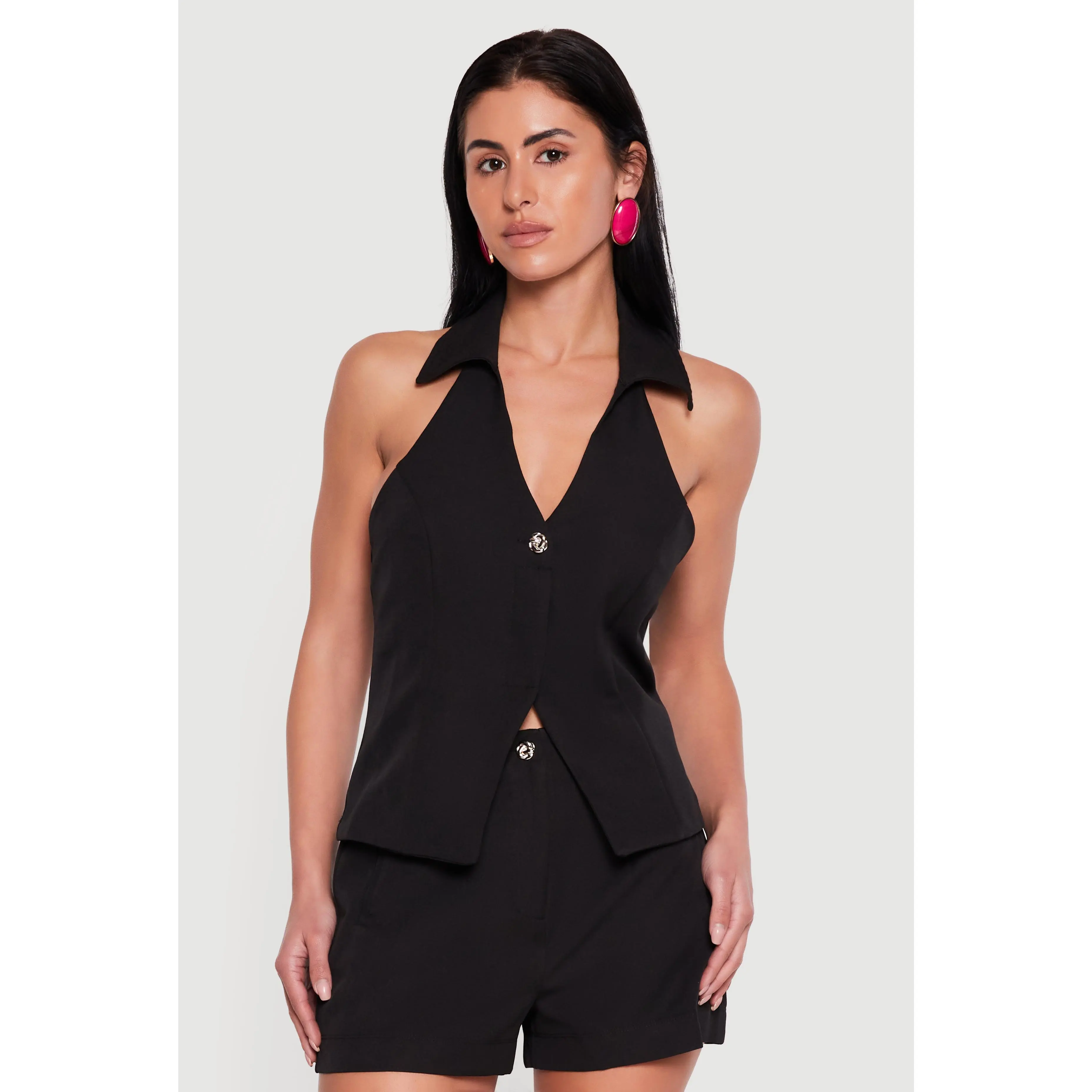 Crepe Knit Collared Halter Neck Waistcoat