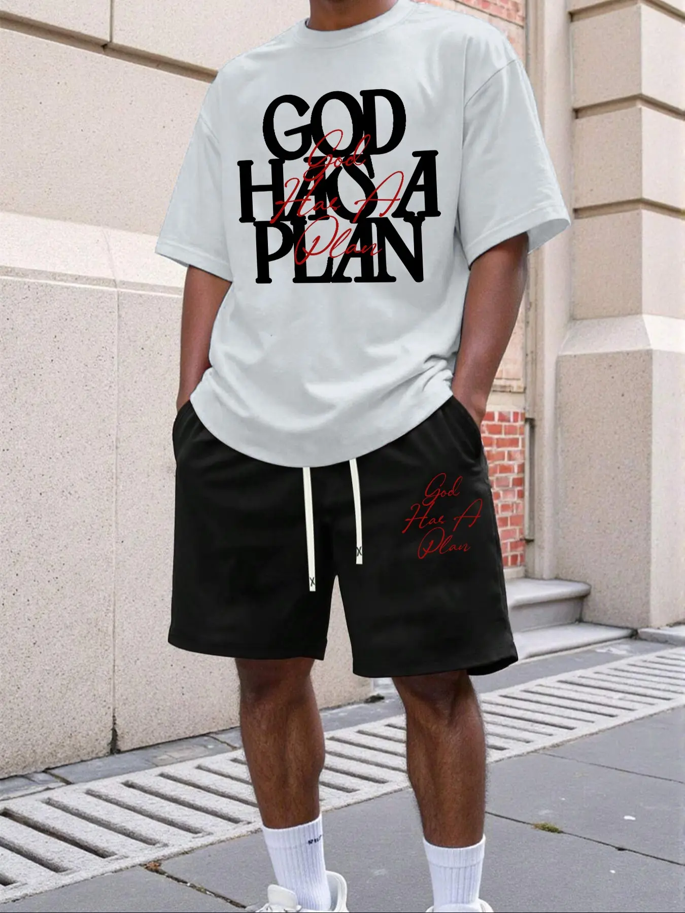 Men's "God Has A Plan" Faith-Based Graphic T-Shirt & Shorts Set, Streetwear Fashion Menswear 2-Piece Outfit, Religious Print Casual Tracksuit #GodHasAPlanSet #FaithBasedStreetwear #ReligiousPrintSet #Oversized2Piece #TikTokMadeMeBuyIt