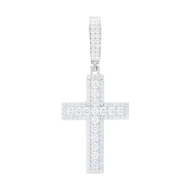 UCCIYO #P552 S925 Sterling Silver Synthetic Moissanite Cross Pendant, Unisex Chain Necklace with Moissanite Stones, Classic Artificial Gemstone Necklaces & Pendants for Gifting