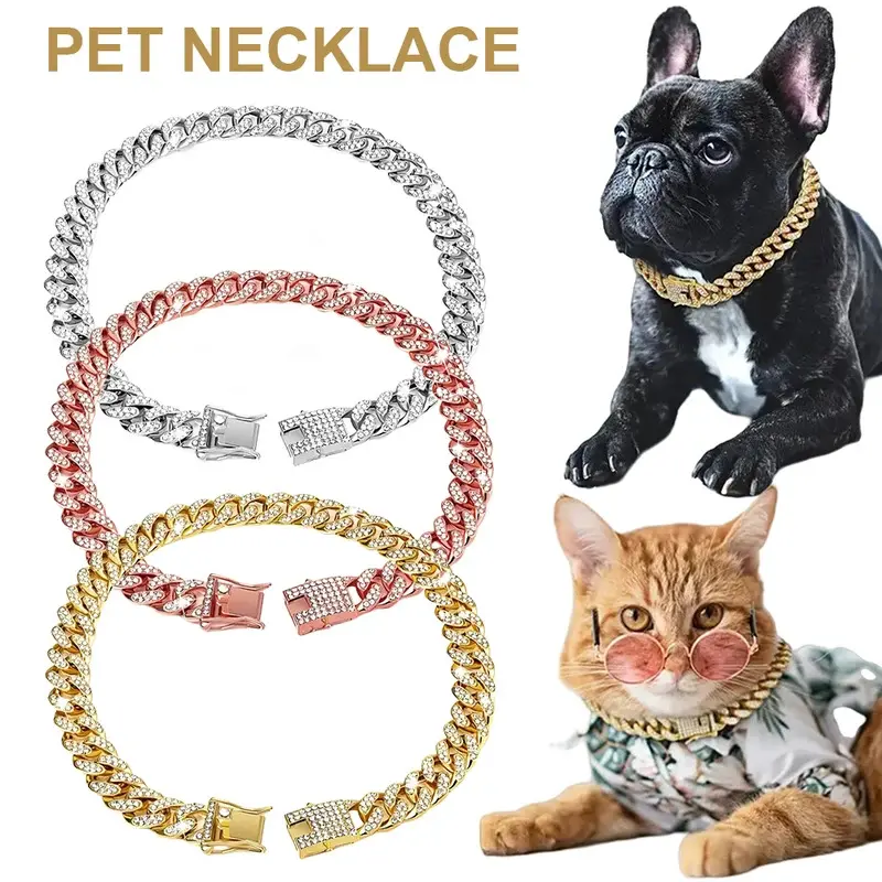 Alloy Striped Full Diamond Cuban Chain Pet Collar Necklace for Cats - New Style, Secure Fit, Lock Buckle, Multi-Size, All-Seasons Accessory, Gold/Silver/Rose Gold (Refer to Figure)