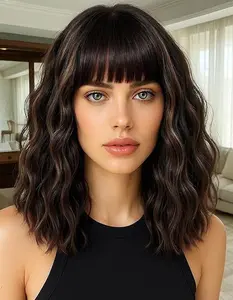 Short Brown Wavy Wigs with Bangs 14Inch Blonde Highlight Curly Bob Wig for Women Shoulder Length Natural Looking Hair Replacement Wig for Daily Party Use Cosplay Costume Halloween Wig