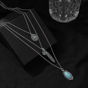 3 Pcs Boho Turquoise Layered Stackable Necklace Set, Silver Vintage Bohemian Jewelry for Women