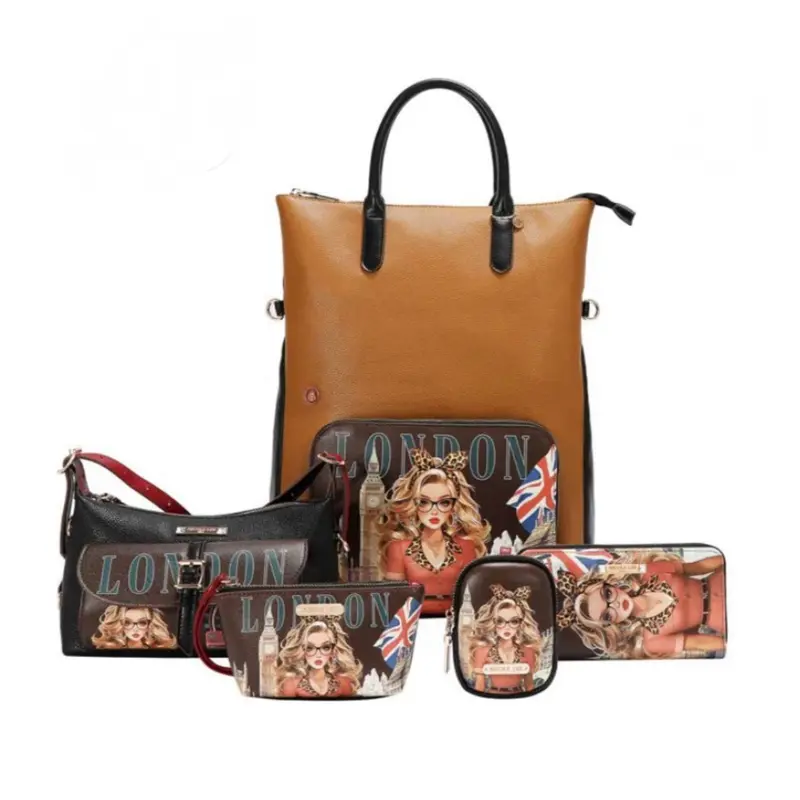 LONDON EYE 5-Piece Convertible Bag & Backpack Set - Large Convertible Style, Crossbody Bag, Pouch, Coinpurse, Wallet