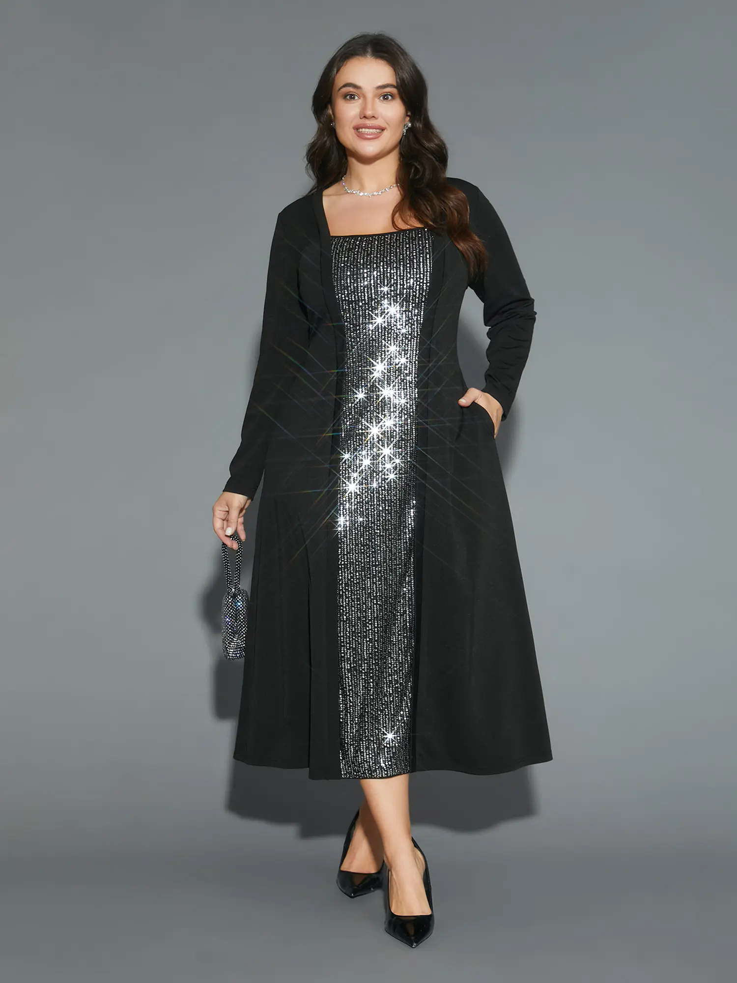 【Pocket Approved】 BLOOMCHICSequin Patchwork Elastic Waist Midi Dress Fit Womenswear Swimweek Summerfinds, Long Sleeve Shirt, Party Dress