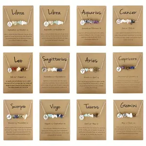 [12 Natural Stone Birthstone Necklaces] 12 Zodiac Birthstone Necklaces Set, Boho & Simple Style, Natural Stone Beaded Stainless Steel Pendant, Fashionable Women'S Jewelry for Daily Wear & Party, Includes Gift Card - All Seasons Compatible
