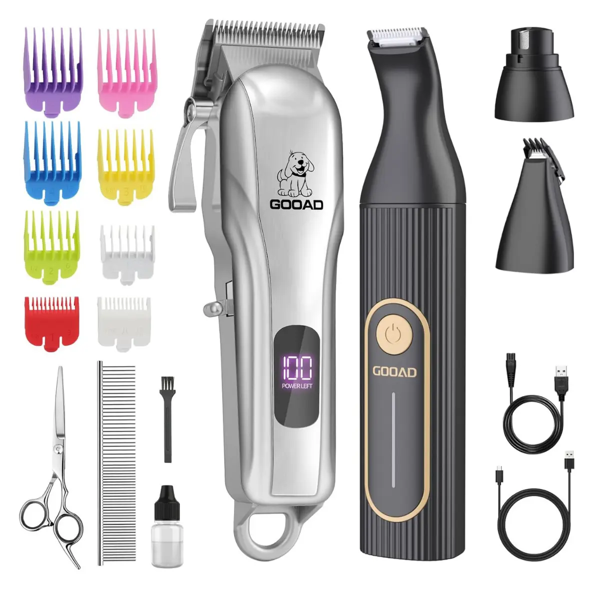 Dog Grooming Clippers Kit - Low Noise Rechargeable Cordless Pet Shaver for Thick Heavy Coats, with LCD Display, 2 Chargers, Paw Trimmer, Nail Grinder, 1 Cleaning Brush, 1 Oil for Dogs & Cats