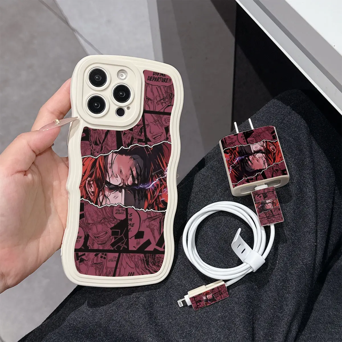 5 Piece Set Antique Anime Shanks Cool Phone Case, Charger Head Cover, Cable Protector, Storage Rope, Tpu Anti-Drop Protection