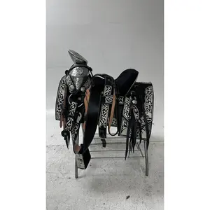 Charro Saddle – Black Piteada/Leather/White Embroidery/Silver (15.5”)