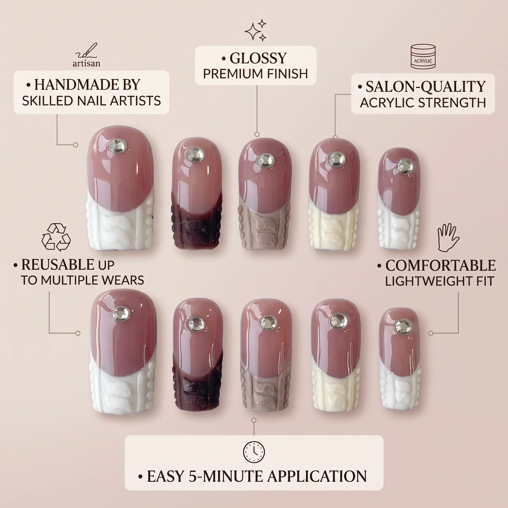 Nailbeebee Z101 1.0 inch Handmade Press-On Nails Boxed Set - Reusable, Salon-Quality, Long-Lasting, Gloss Finish - Hand Apply, Ideal for Office Wear, Date Nights, Holiday Trips, Beauty Products, Press On Nail Sets, Casual
