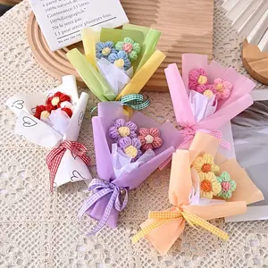 Mini Knitted Flower Bouquet | 1pc Cute Handmade Crochet Flowers with Heart Tissue Wrap | Valentine’s Mother’s Day Anniversary Gift | Home Decor