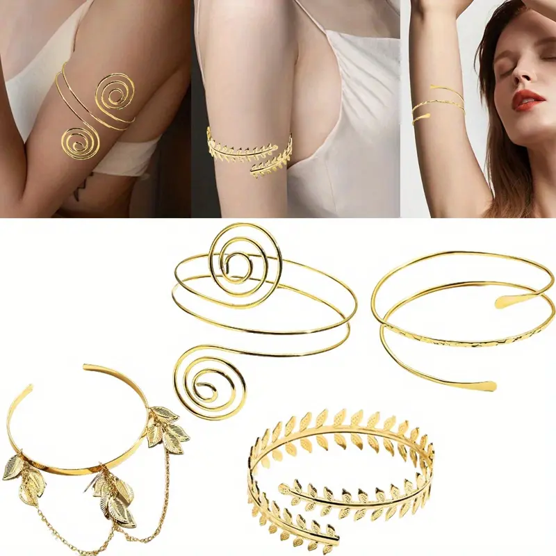 Female 4PCS Gold Minimalist Dog & Cat Jewelry Bracelet Set - Adjustable Metal Armbands with European Leaf, Geometric Spiral Designs for Prom