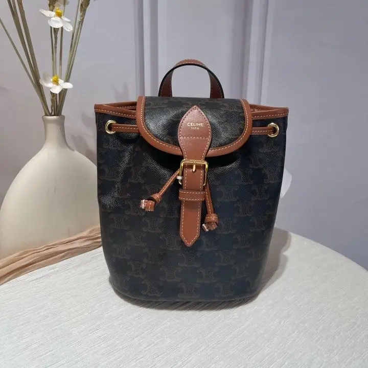 Pre-owned Celine Mini Folco Backpack in Triomphe Canvas and Tan Calfskin ZX144