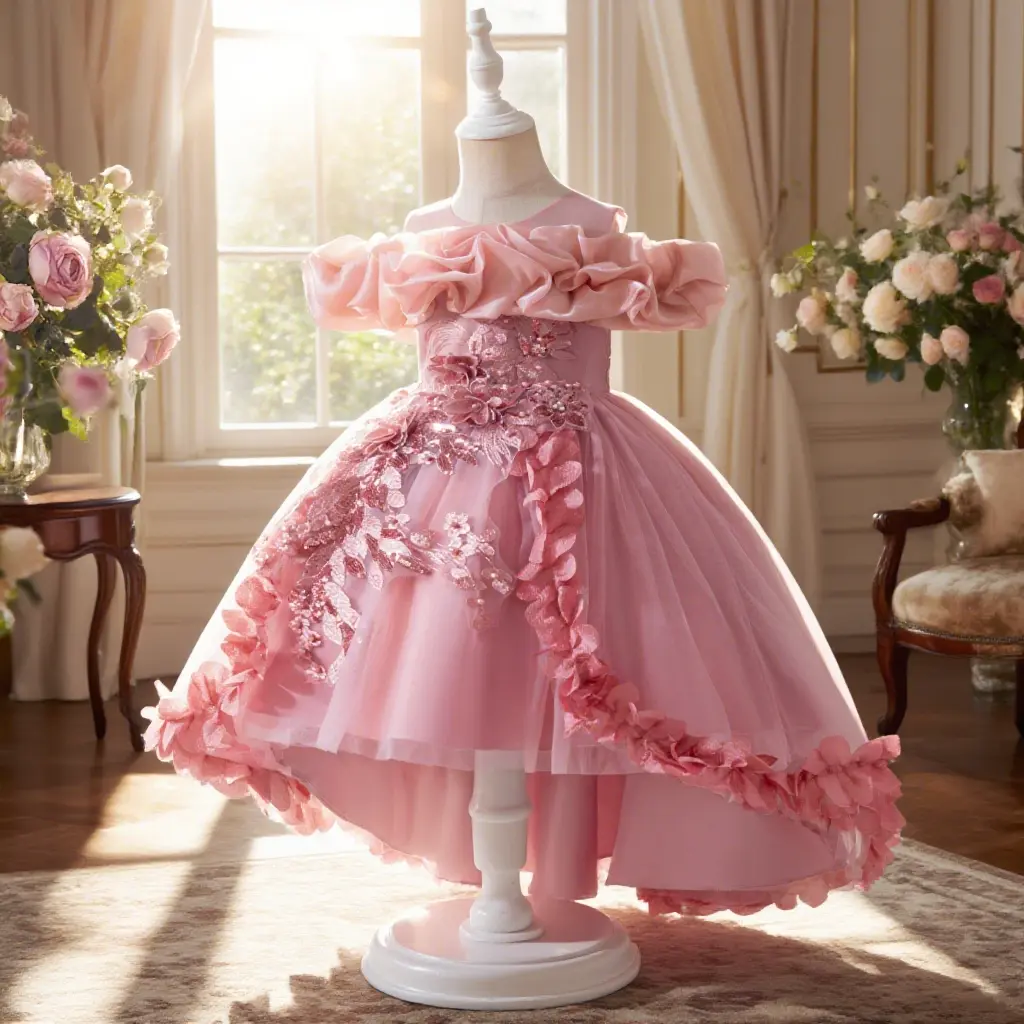 6038 Girls floral embroidery dress with tail design high end dress for dance piano and photo photography