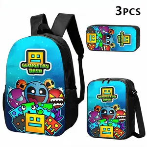 Durable Water Resistant 3-Piece Backpack Set for Kids, Lightweight School Bag with Lunch Box, Featuring Geometry Dash Colorful Block Monster Full-Print, Gradient Blue Starry Background & Game Logo Graphic for Rhythm Game Fans Daily School & Casual Use