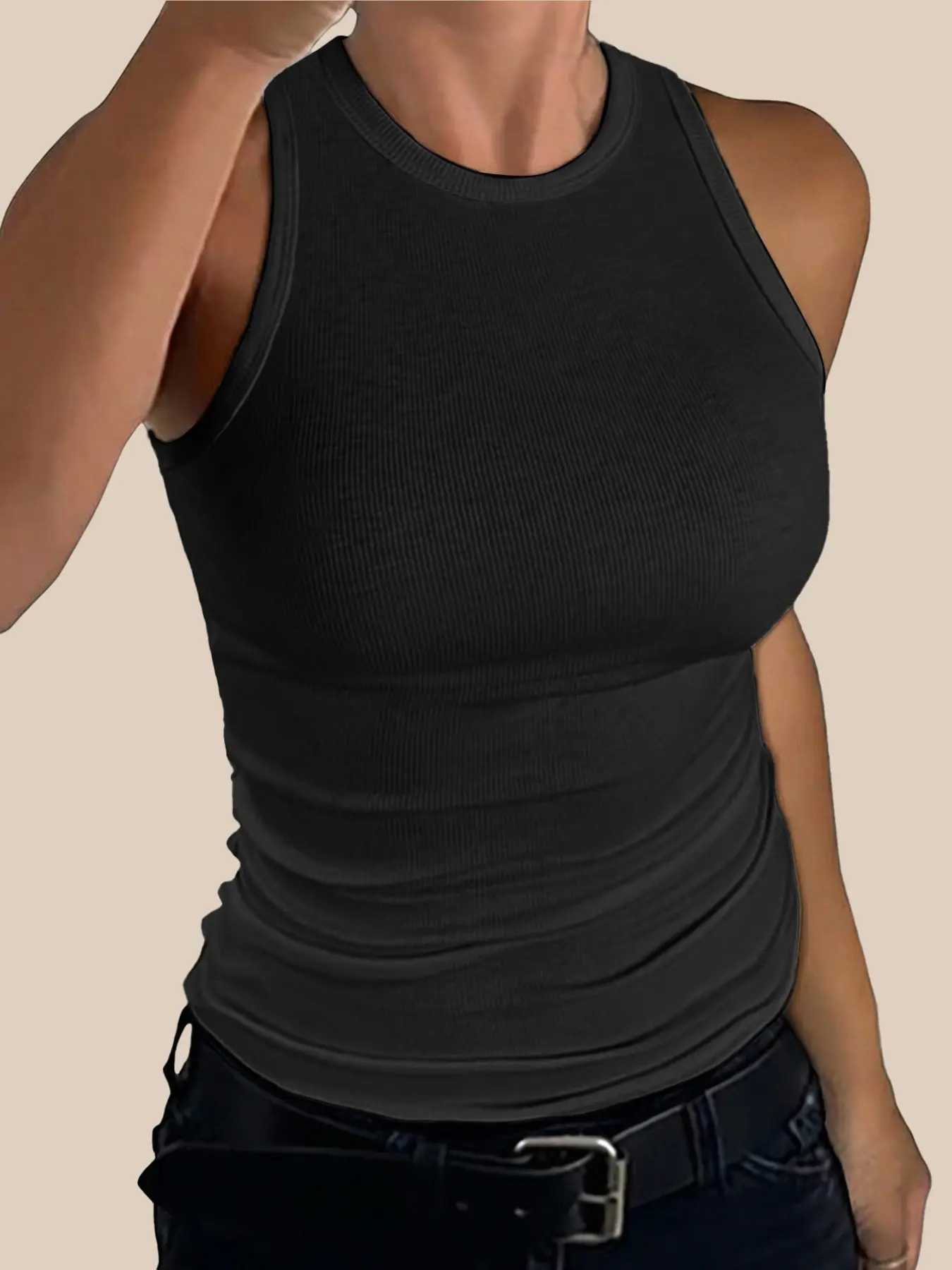 Women's Fashion Casual Sleeveless Fitted Racerback Tank Top, Womenswear, High Neck Casual Basic Design, Cotton Ribbed Fabric, Perfect for Everyday Wear & Holiday, Versatile