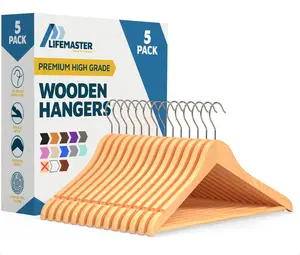 Lifemaster Wooden Clothes Hangers – with 360 Degree Swivel Hook and Non-Slip Shoulder Notch, Holds Up to 10 lbs, Pants Bar Design, Organizing Suit, Dress, Coat, and Clothes, Pack of 5