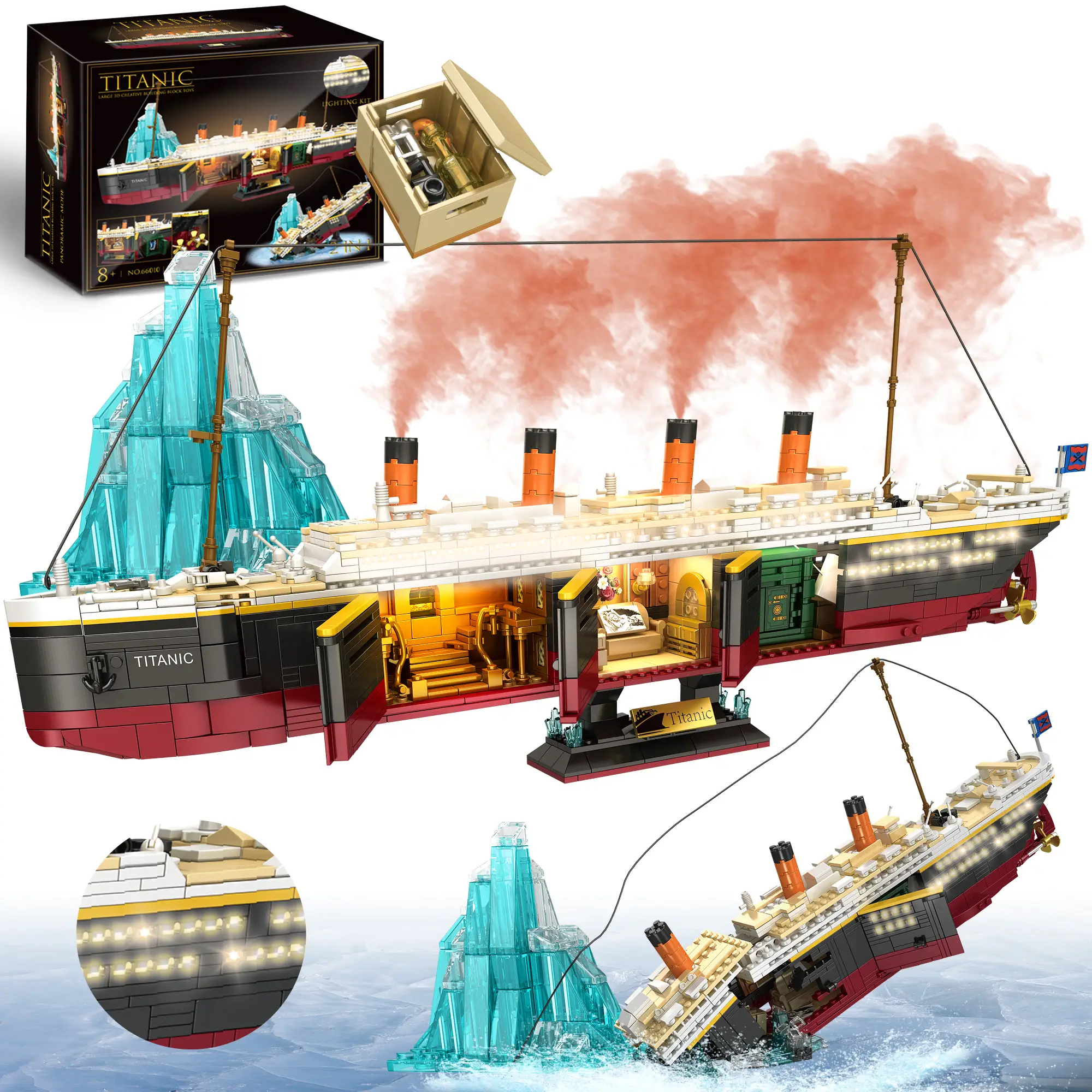 TOKMOC 2288 Pieces,Titanic Building Block Set,with Iceberg Sinking Pattern,Three Visible Cabins,Glacier Design,Glowing Light Strip,Giant Ship Collecti