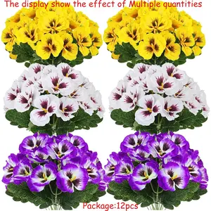 Artificial Fake Pansy Flowers for Outdoor, 12 Bundles Faux Silk Pansies Flowers Wildflowers for Spring Summer Planter Front Door Porch Yard Patio Window Box Home Decor Lifelike Artificial Flower (Purple, Yellow, White)