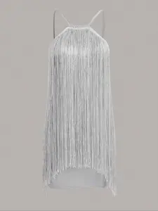 Plus Size Fringe Sparkly Mini Dress for Women, Curvy Tassel Party Dress with Adjustable Straps, Sexy Cocktail Club Dress for Night Out, Dance Performance Holiday Outfit