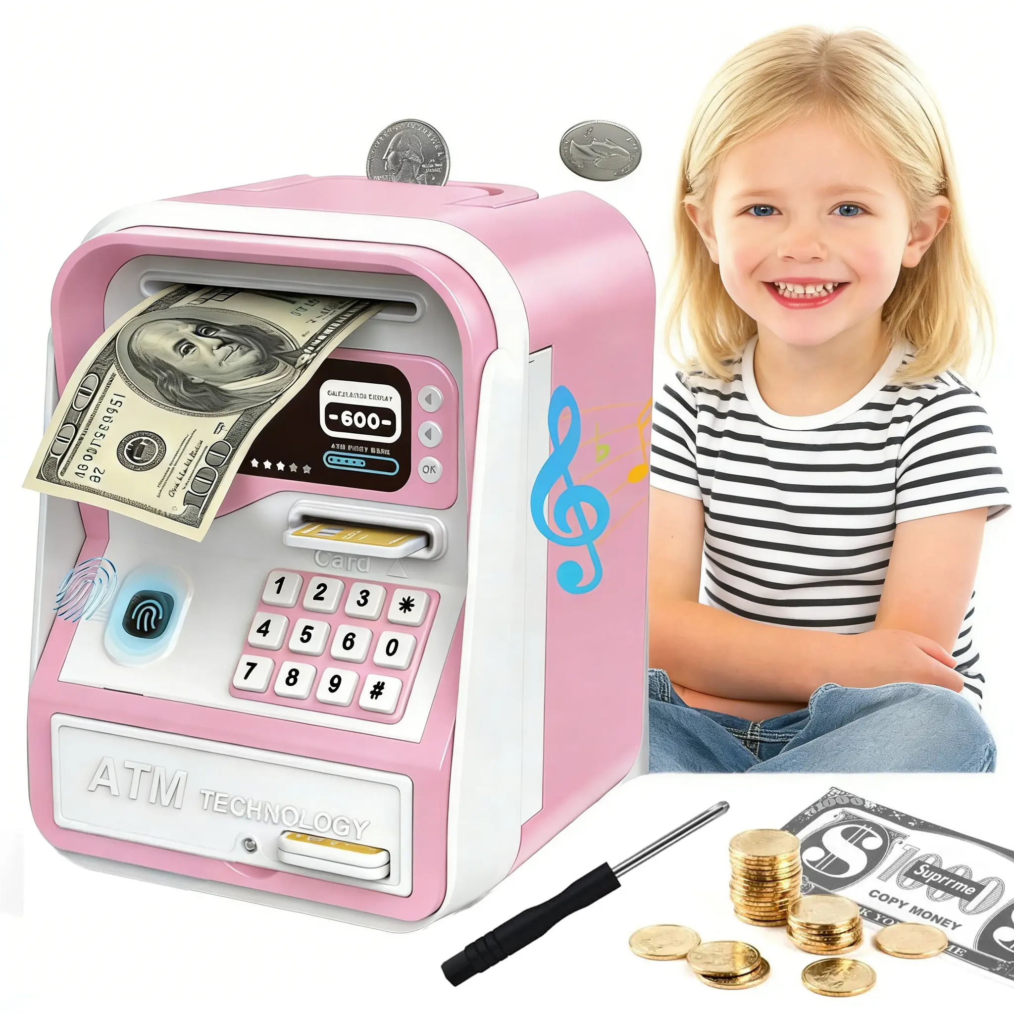 Plastic Digital Piggy Bank - High-Capacity Mini ATM Cash Coin Jar with Electronic Code Lock, Fingerprint Lock & Music Play Mode (Holds 600 Coins, 100 Paper Bills) - Home Supplies Decor for 3-12 Year Old Kids, Halloween/Children's Day/Birthday Gift Toy