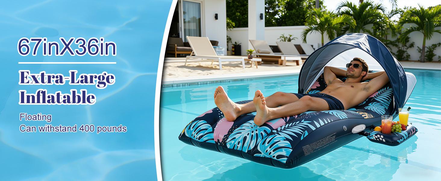 Pool Floats Lounger with UPF50+ Canopy Adjustable Inflatable Large Floating Chair Ergonomic Design with Cup Holders Perfect for Swimming Pool Beach Lake Party Dark Blue