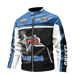 Men’s racing leather jacket in blue, black, and white color blocking — a motorcycle jacket with a racing-style design from the streetwear brand GARMENTARY