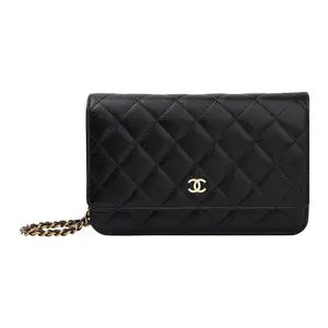 Chanel WOC 19B Black Quilted Leather Crossbody Bag with Gold Chain Strap and Hardware for Women