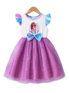 Girls' Summer Mermaid Print Dress, Casual Fitted Thin Fabric, Round Neck Long Sleeve, Comfortable Daily Wear, Kids Fashion Clothing