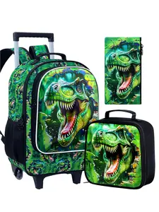 3Pcs Dinosaur Rolling Backpack for Boys, Children, 18" Kids School Backpacks with Wheels, Roller Bookbag Luggage with Lunch Box for Preschool Toddler Elementary(Green)