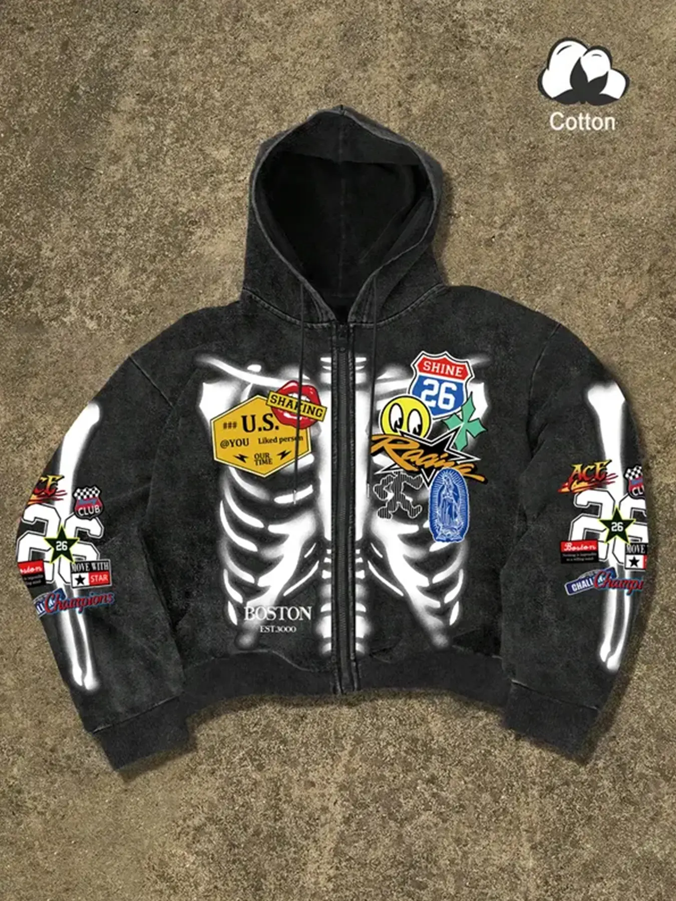 Men's Boston Skull Graphic Graffiti Badge Print Fitted Hoodie, Fashion Casual Graphic Streetwear Clothing, Daily Perfect Choice, Trendy Style Statement