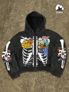 Men's Boston Skull Graphic Graffiti Badge Print Fitted Hoodie, Fashion Casual Clothing, Daily Perfect Choice, Trendy Style Statement