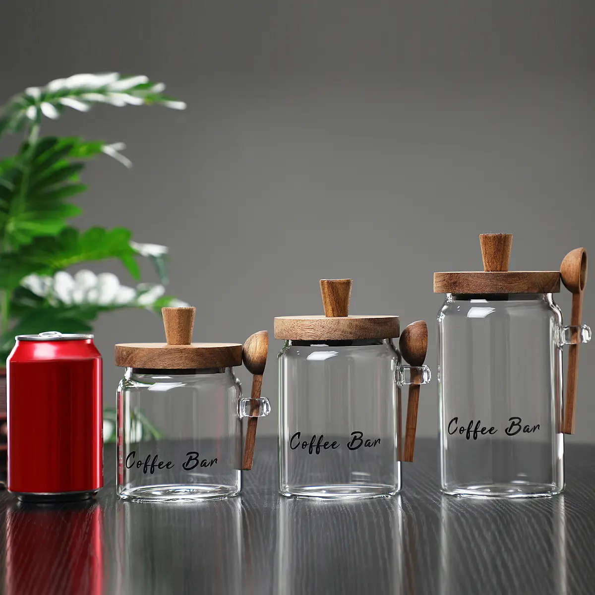 2026 NEW Coffee Bar Glass Canister with WoodenLid & Attached Scoop I Perfect CoffeeStation Storage for Beans & Sugar