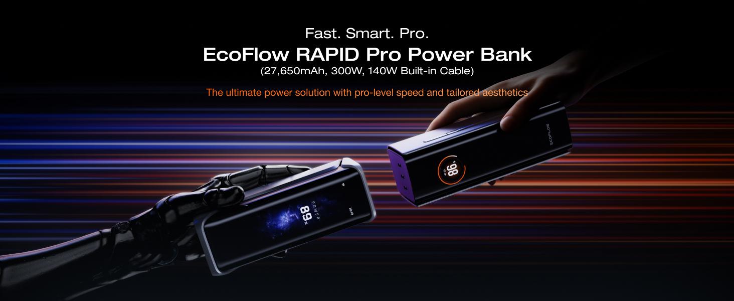 ECOFLOW Rapid Pro Power Bank (27650mAh, 300W Max Output, 140W Built-in Cable), 4-Port Portable Charger, TSA-Approved, Up to 320W Recharge, Compatible with MacBook, iPhone 17/16/15, Galaxy, Laptop ECOFLOW Rapid Pro Power Bank (27650mAh, 300W Max Output, 140W Built-in Cable), 4-Port Portable Charger, TSA-Approved, Up to 320W Recharge, Compatible with MacBook, iPhone 17/16/15, Galaxy, Laptop
