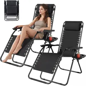 【Summervibes】Outdoor Zero Gravity Chairs Set of 2 with Cup Holder & Removable Pillows, Adjustable Folding Reclining Patio Chairs, Anti Gravity Lounge Chairs for Poolside, Lawn, Beach, Camping Summervibes