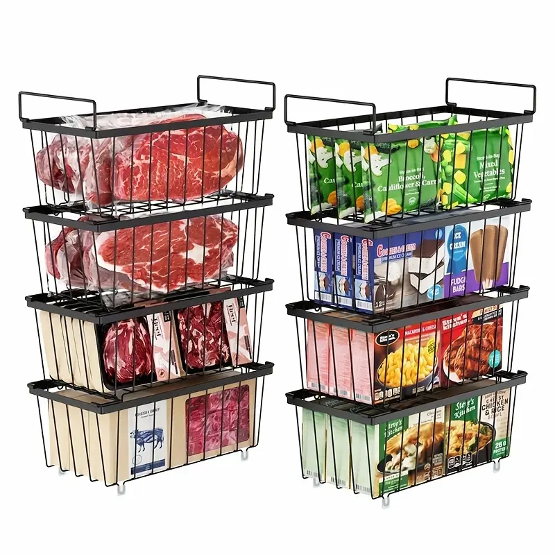 3/4/5/8pcs Deep Freezer Storage Bins - Stackable Freezer Storage Bins, Suitable for 7 Cubic Feet Upright Freezers, Allow Food Categorization, Easy to Access From The Bottom, Better Ventilation, Black